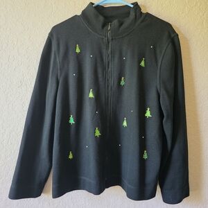 Vintage Onque Casuals L Black Zip Sweater Sequin Christmas Trees Made in Macau